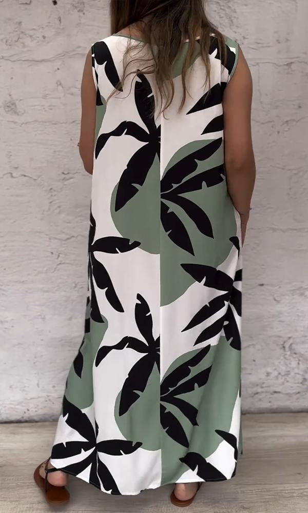 Women's Sleeveless Maxi Dress with Contrasting Palm Leaf Prints