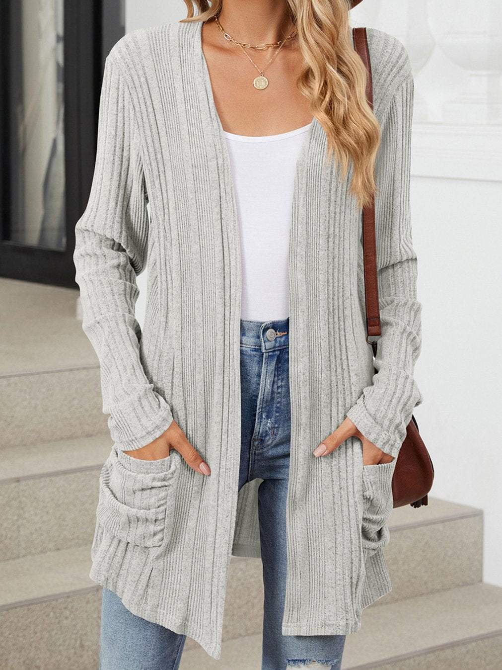 Women's Casual Solid Color Pit Long Sleeve Pocket Cardigan