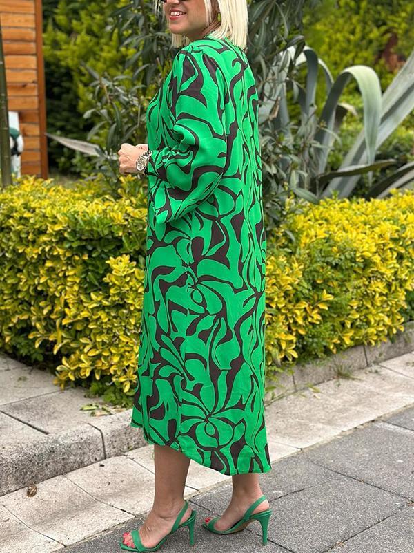 Women's Casual V-neck Printed Long-sleeved Dress