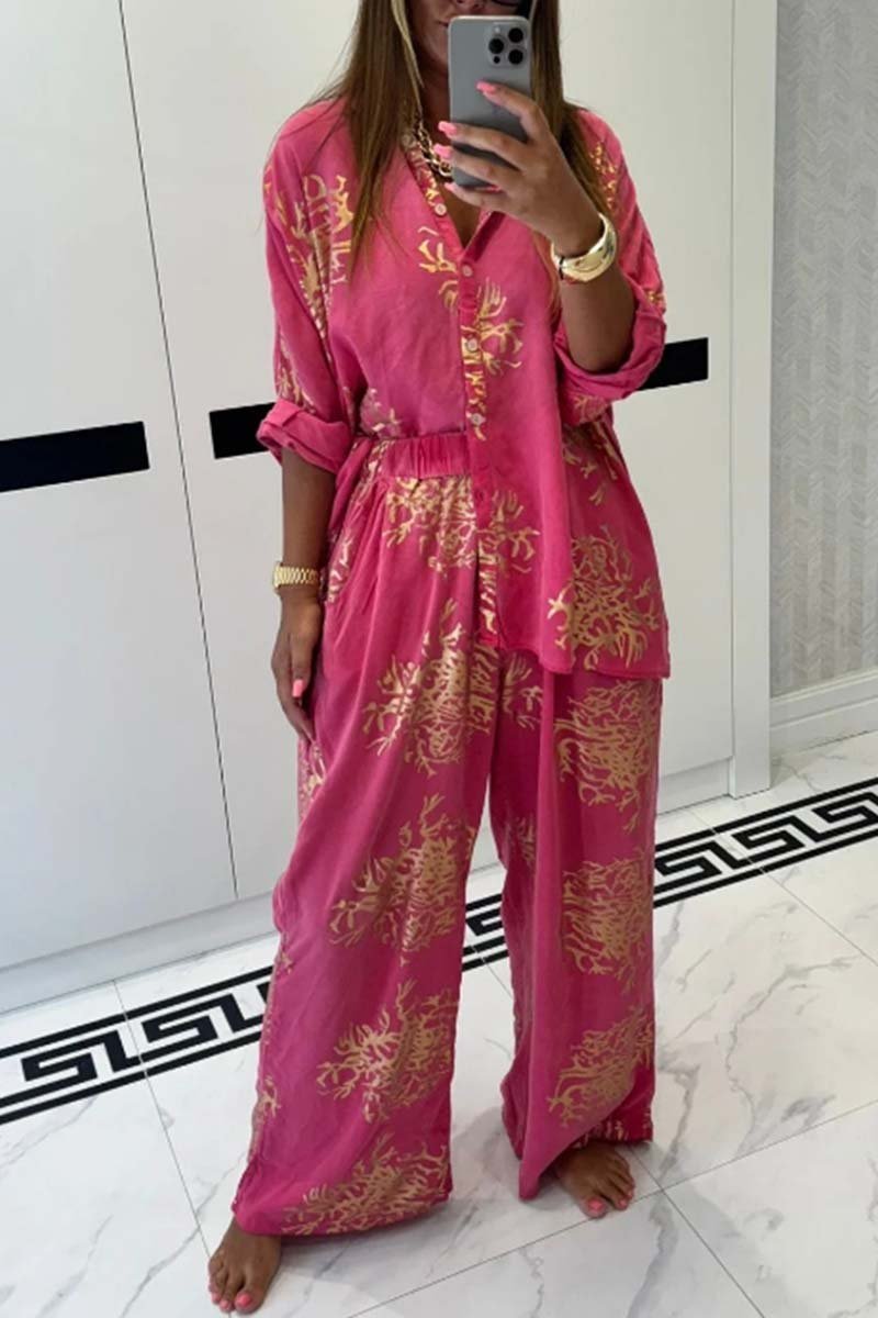 Women's casual hot stamping printed wide leg pants suit