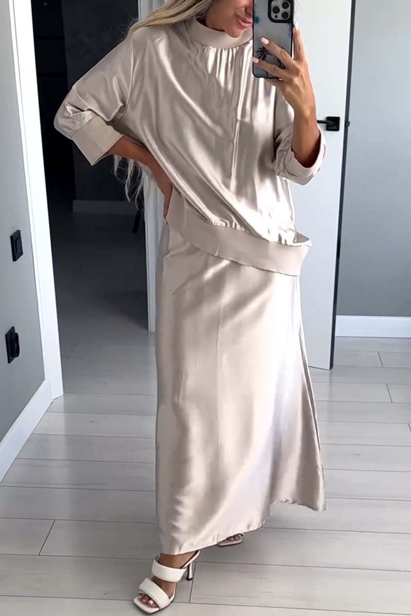 Women's Satin Round Neck Long Sleeve Skirt Suit