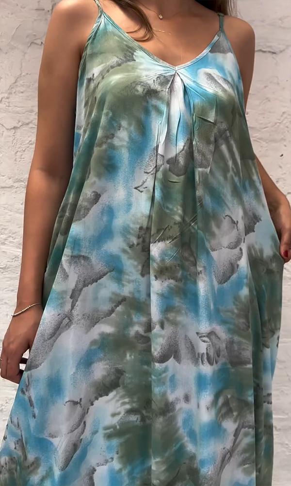 Women's Casual Loose V-neck Tie-dye Print Maxi Dress