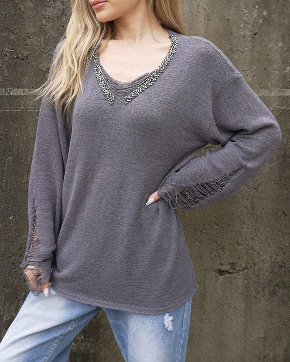 Women's Fashionable V-neck Beaded Sweater Tops