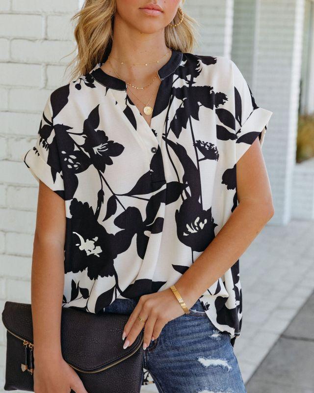 Women's loose printed short sleeve V-neck button chiffon shirt