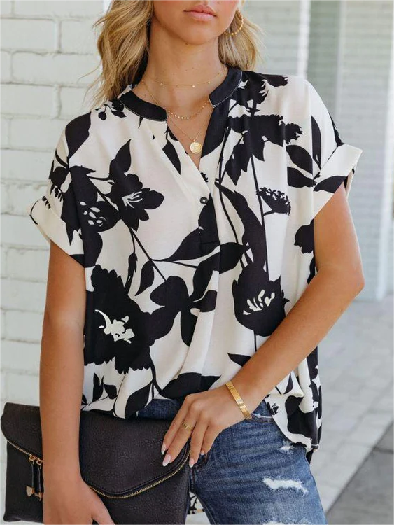 Women's loose printed short sleeve V-neck button chiffon shirt