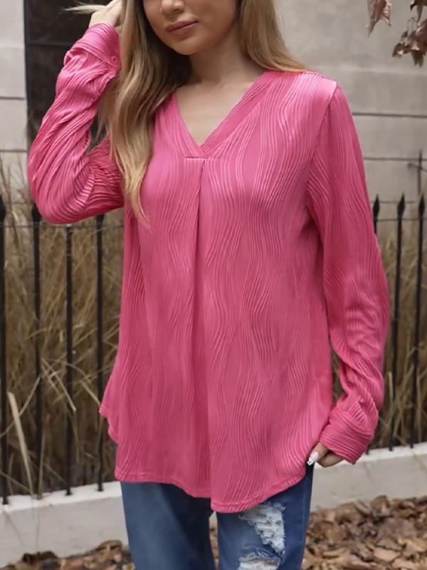 Women's Casual V-neck Ripple Long-sleeved Top