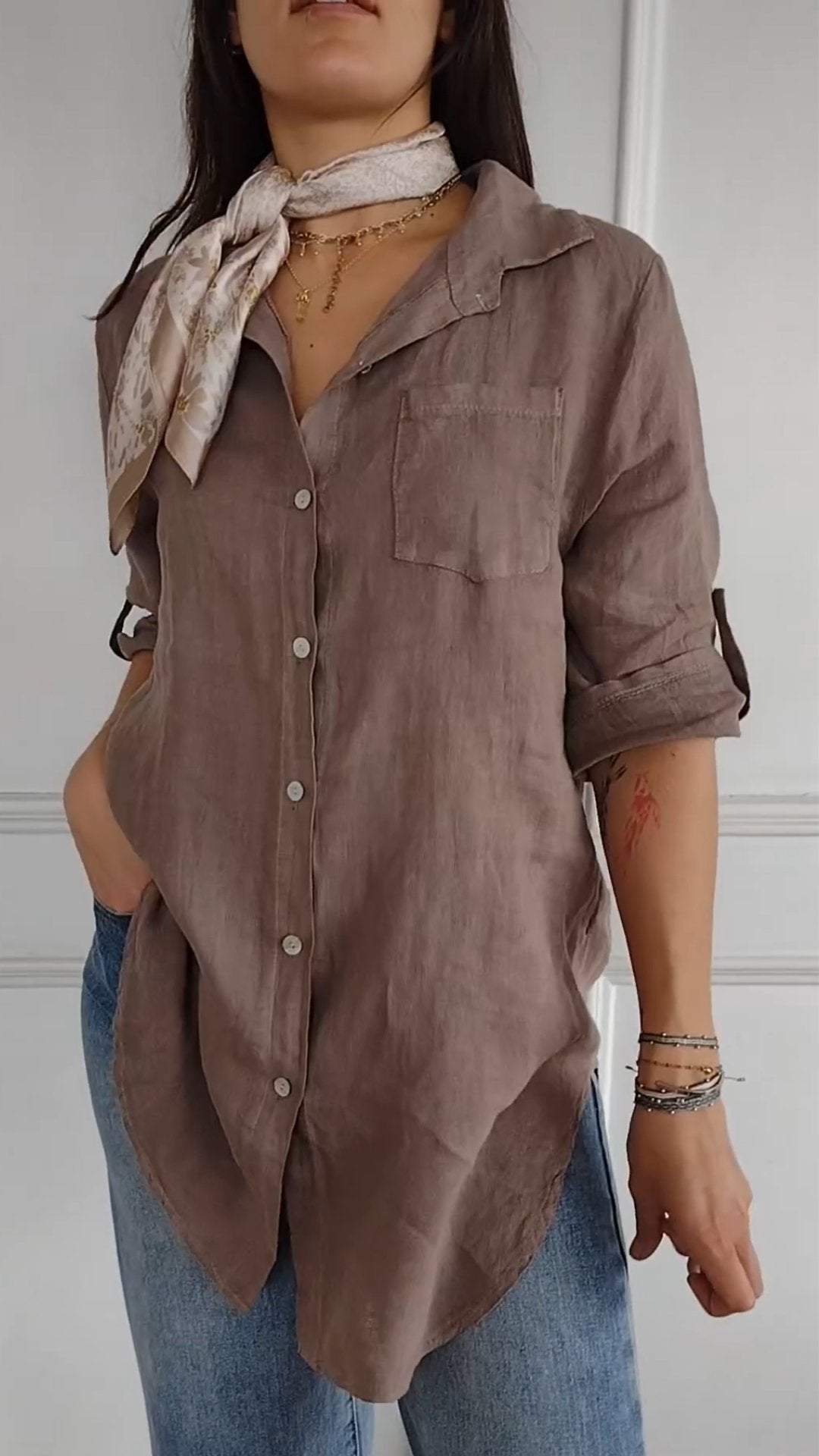 Women's Lapel Mid Sleeve Cotton and Linen Casual Shirt