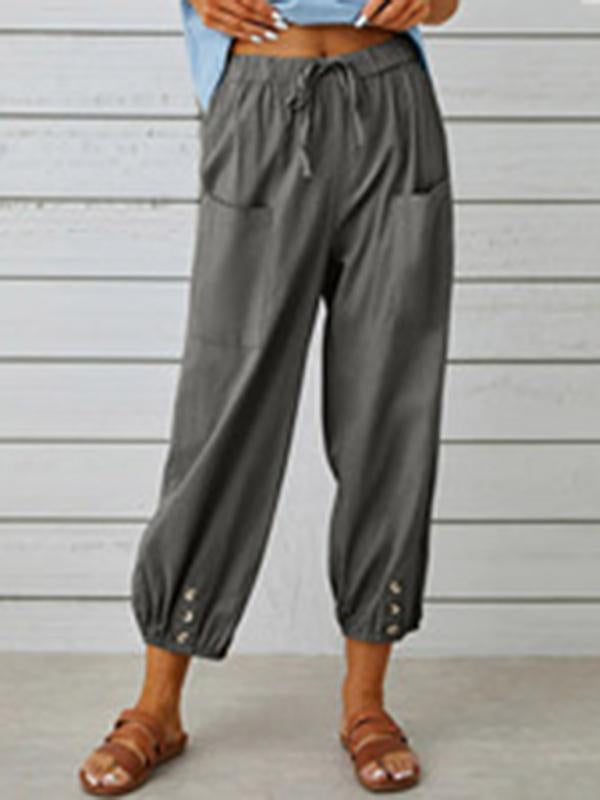 Women's pants High-waisted buttoned cotton hemp pants nine-point pants wide-legged