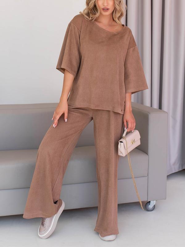 Solid Color 3/4 Sleeve Crew Neck Top and Pants Two-piece Set