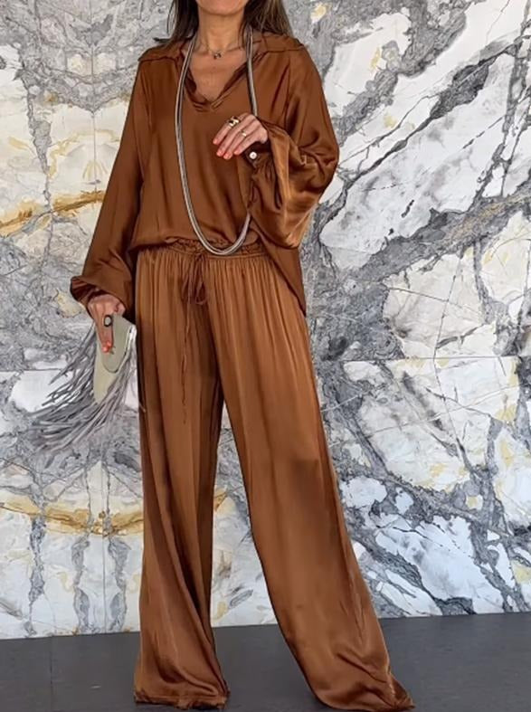 Satin V-neck trouser suit