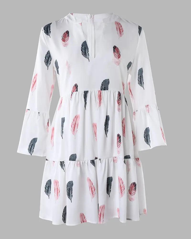 Women's Casual Feather Print Bell Sleeve Ruffles Dress