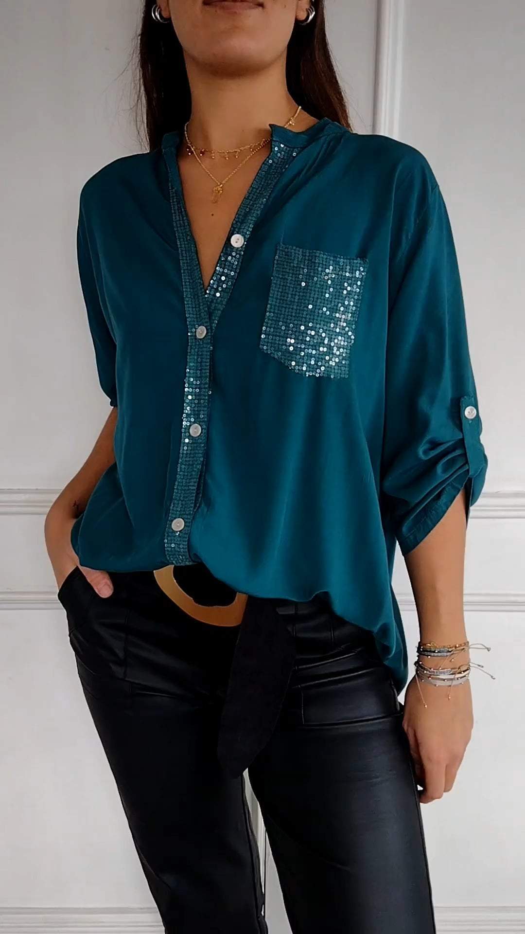 Cotton V-neck Sequin Mid-sleeve Casual Top