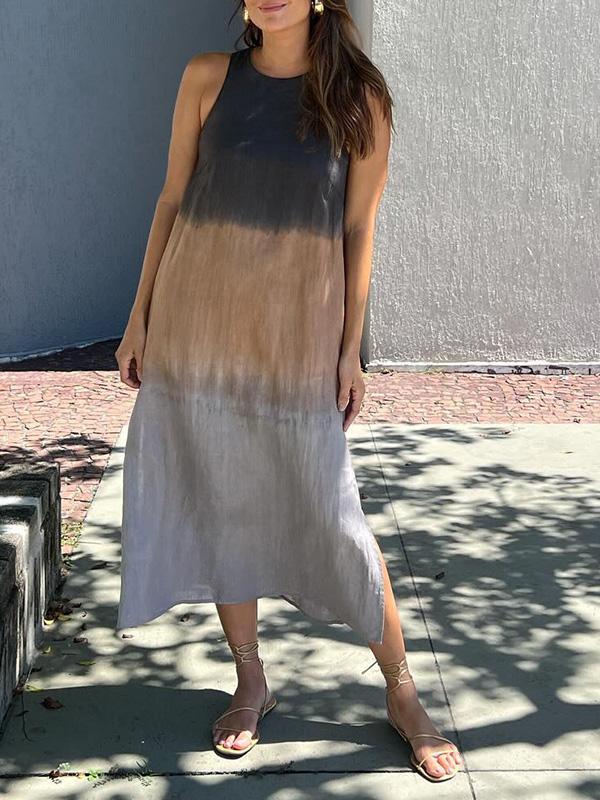 【Same Day Delivery】Women's casual cotton and linen sleeveless slit gradient tie-dye long dress