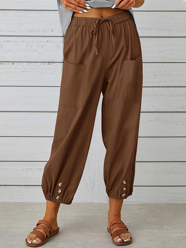 Women's pants High-waisted buttoned cotton hemp pants nine-point pants wide-legged