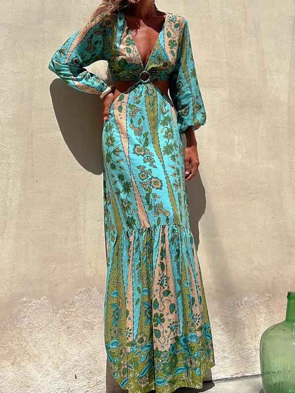 Printed side cutouts and stretch-waist maxi dress