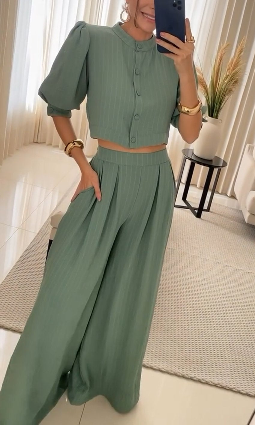 Women's two-piece striped puff sleeve top and wide-leg trousers set