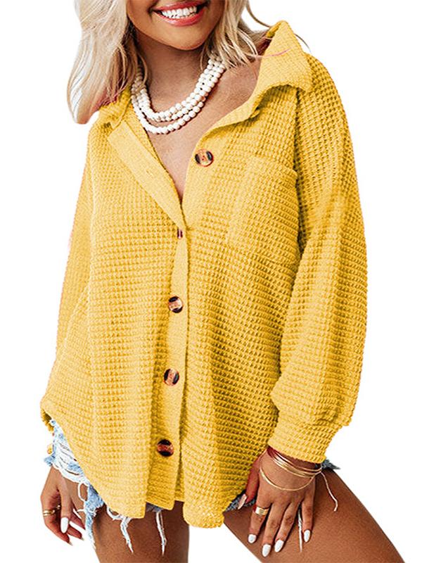 Women's Solid Color Waffle Shirt with Stand-up Collar Pocket