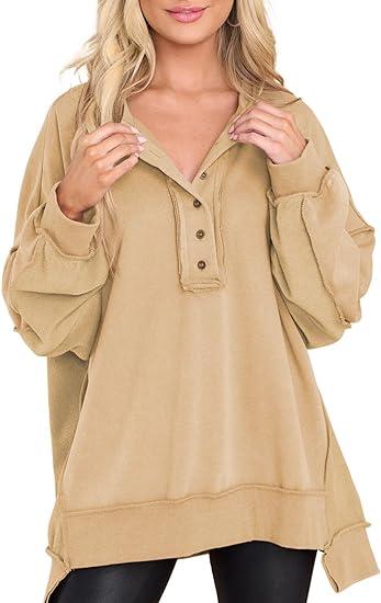 Women's Casual Oversized Button Henley Neck Pullover Tunic Sweatshirt