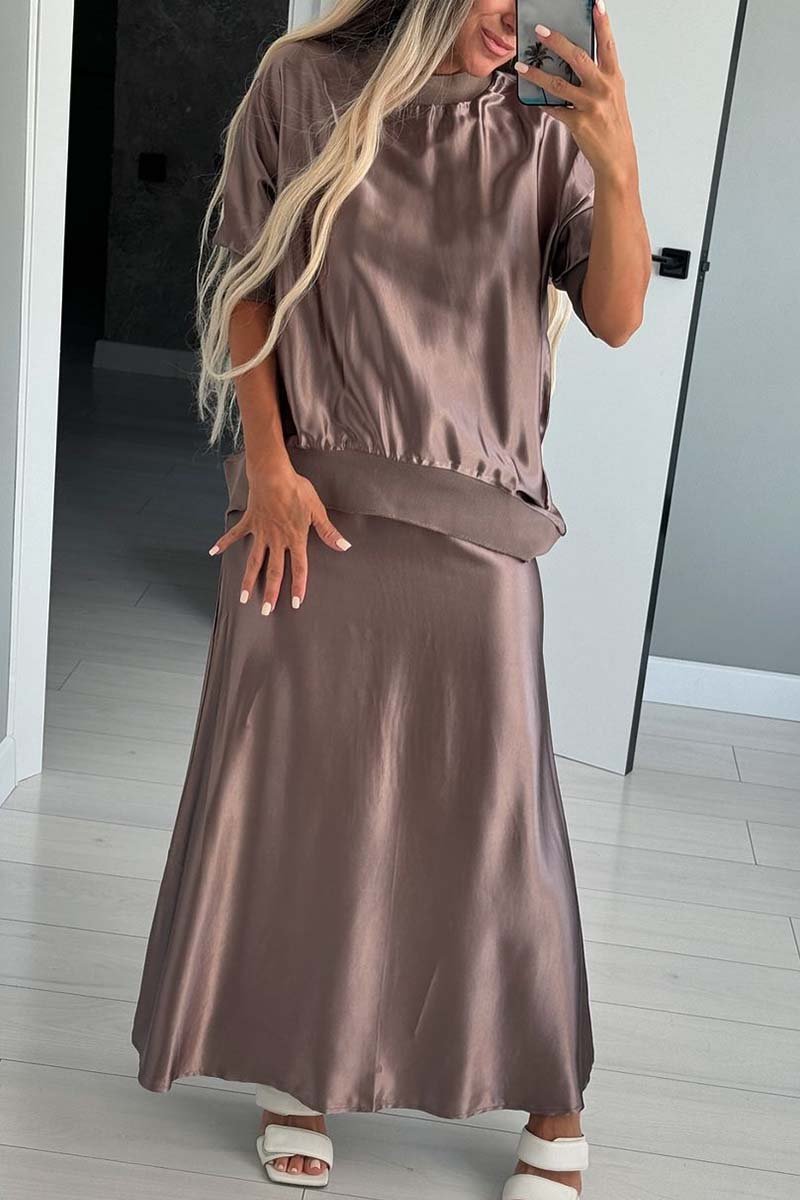 Women's Satin Round Neck Long Sleeve Skirt Suit