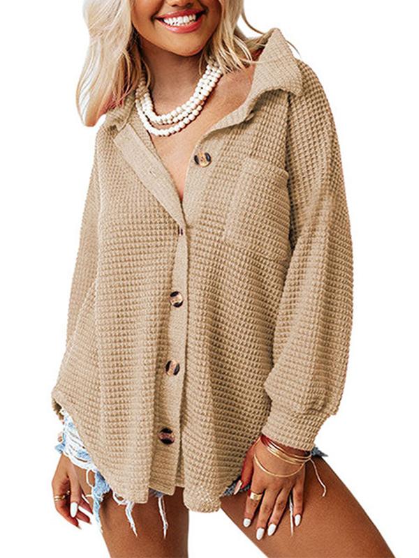 Women's Solid Color Waffle Shirt with Stand-up Collar Pocket