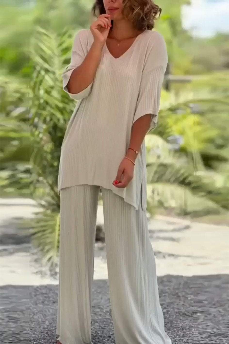 V-neck solid color top and trousers two-piece set