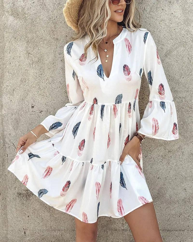 Women's Casual Feather Print Bell Sleeve Ruffles Dress