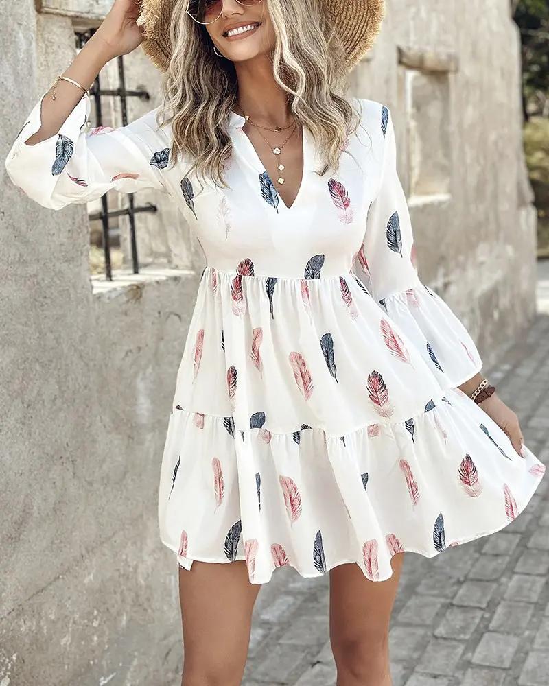 Women's Casual Feather Print Bell Sleeve Ruffles Dress