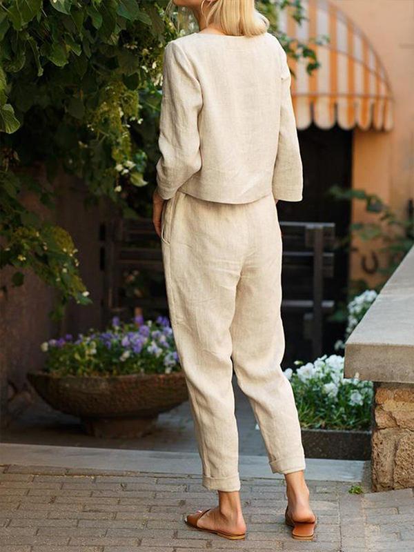 Women's Casual Basic Long Sleeve Trousers Cotton Linen Suit