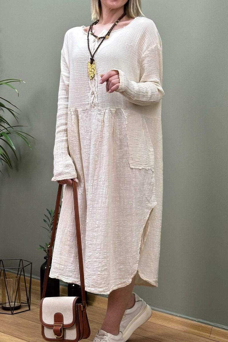 Women's solid color cotton and linen midi dress