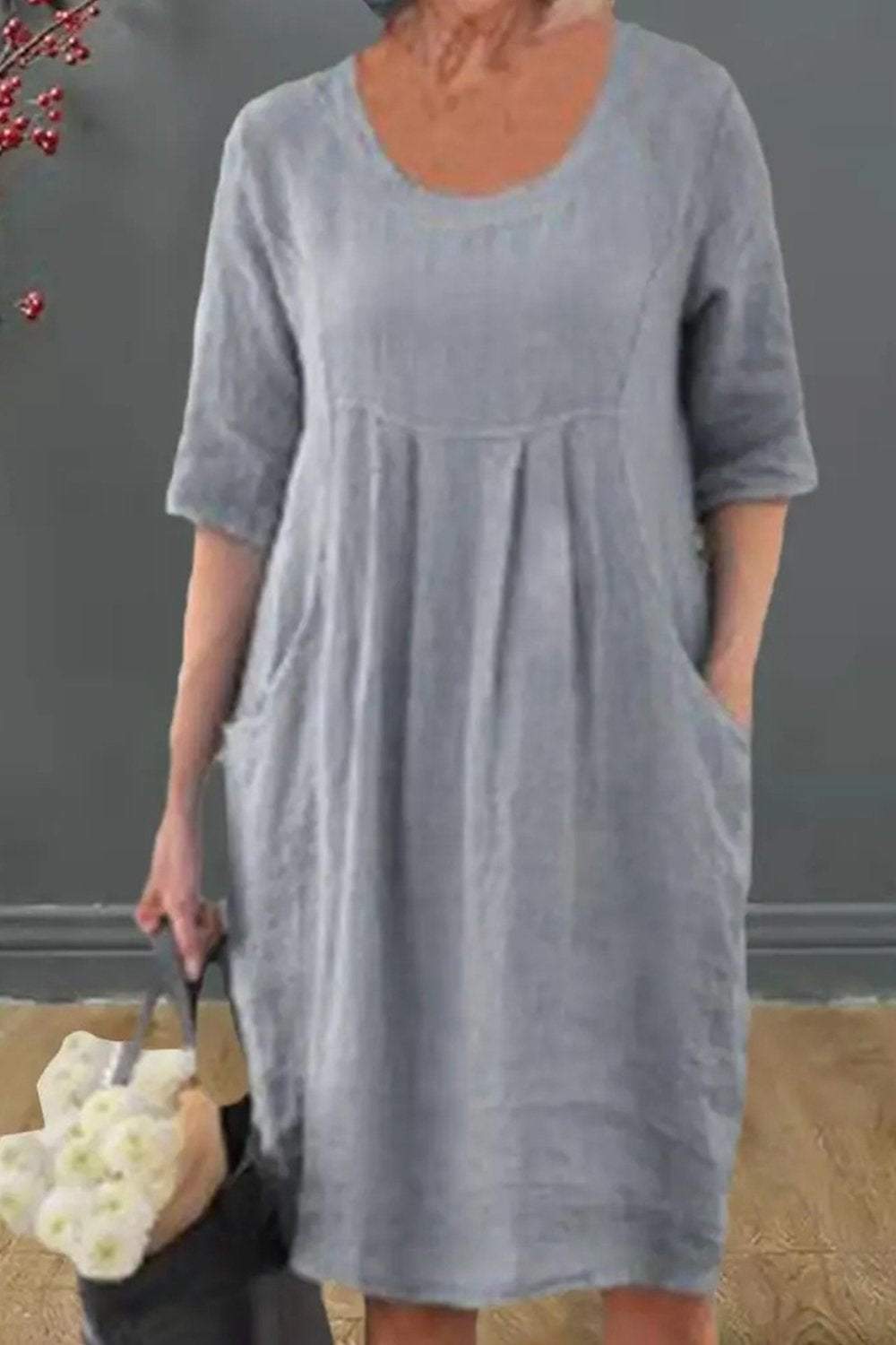 Cotton and Linen Pleated Pocket Casual Dress