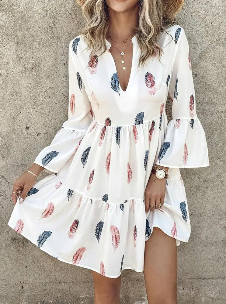 Women's Casual Feather Print Bell Sleeve Ruffles Dress