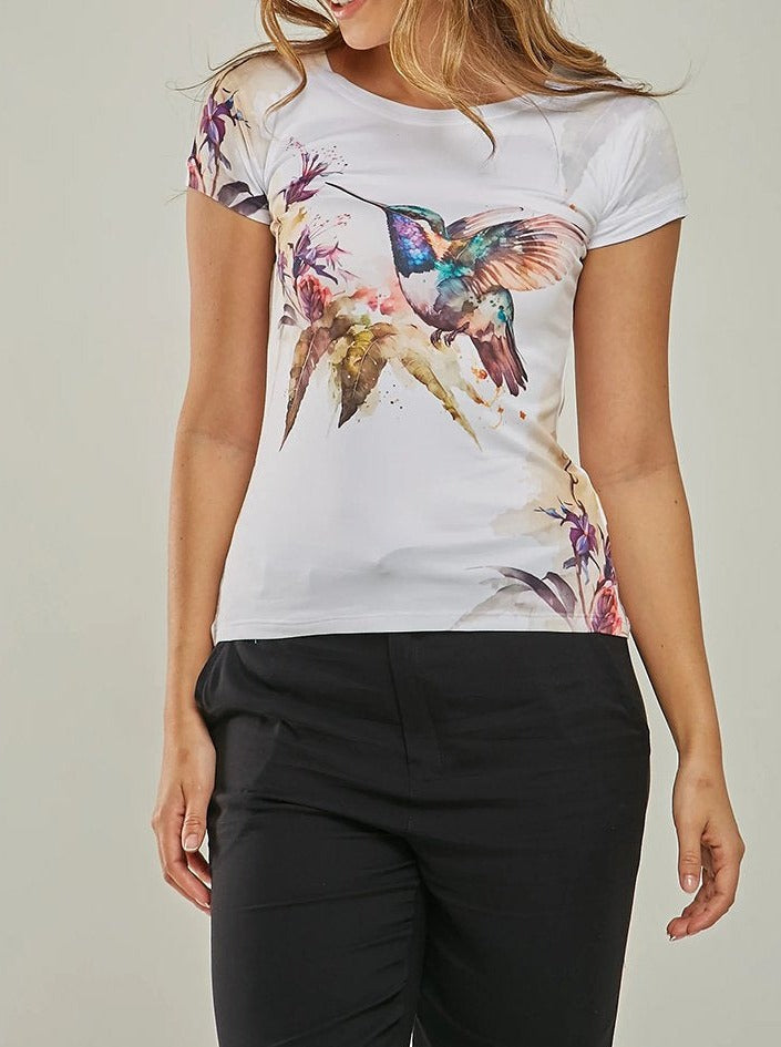Round Neck Bird Print Slim Fit T-shirt