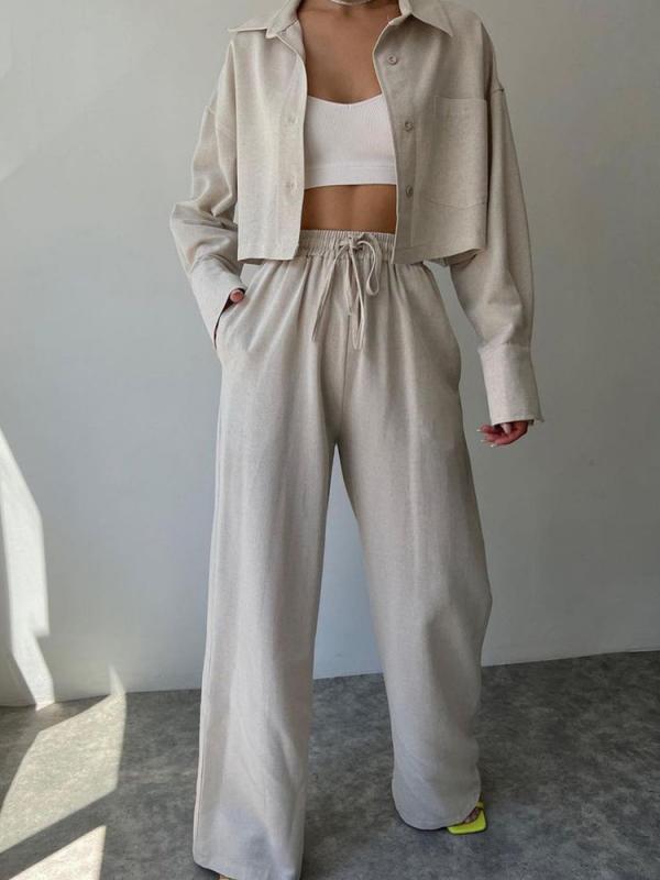 Two Piece Outfits Casual Lounge Sets Long Sleeve Short Casual Shirt With Drawstring Trousers Set