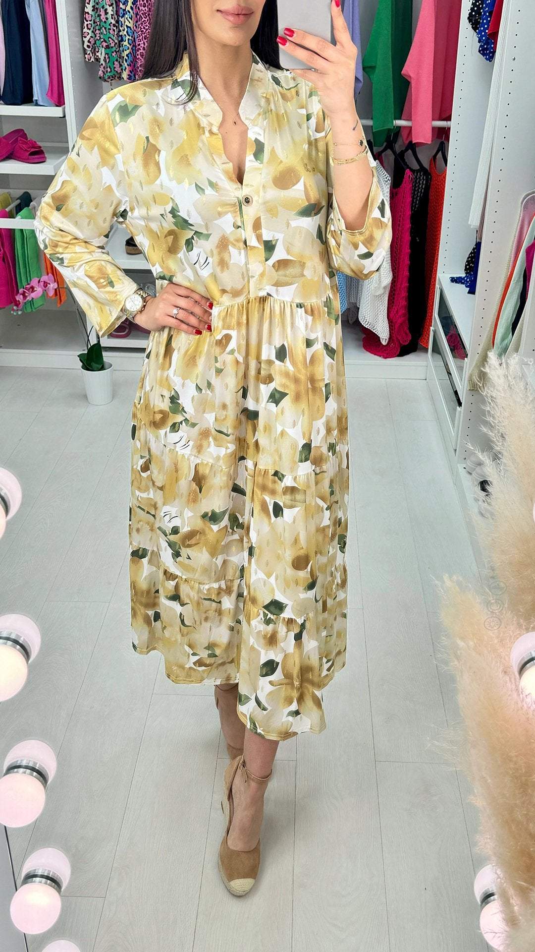 V-neck Printed Long-sleeved Dress