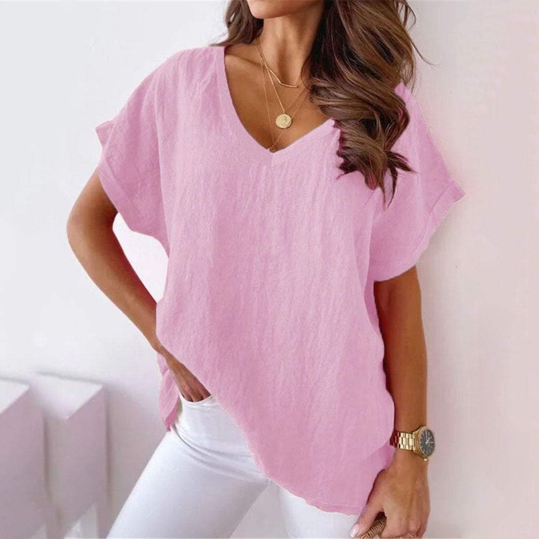 V Neck Casual Plain Summer Loose Short Sleeve White Linen Top