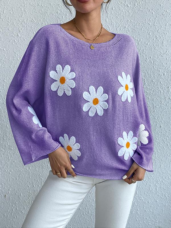 Loose Embroidered Floral Bat Sleeve Sweater Top Sweater