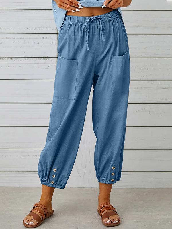 Women's pants High-waisted buttoned cotton hemp pants nine-point pants wide-legged