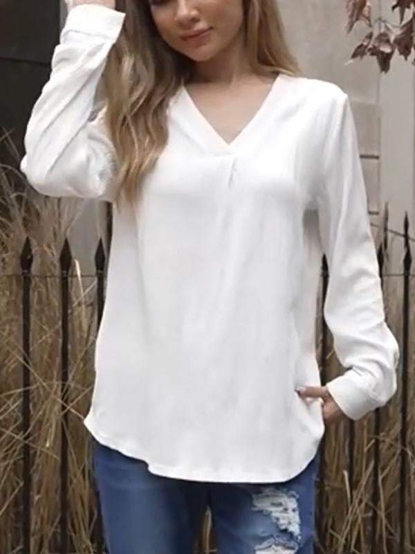 Women's Casual V-neck Ripple Long-sleeved Top