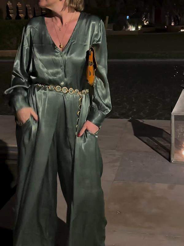 Satin V-neck Long Sleeve Jumpsuit