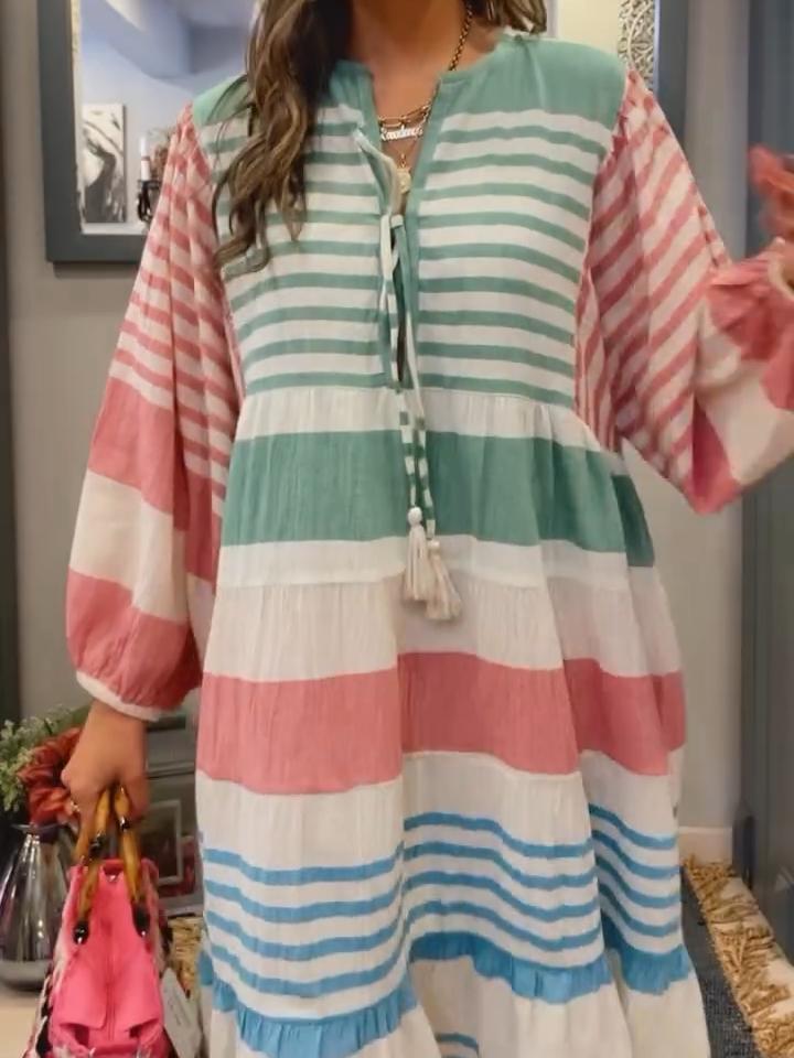 Women's Striped Contrast Long Sleeve Dress