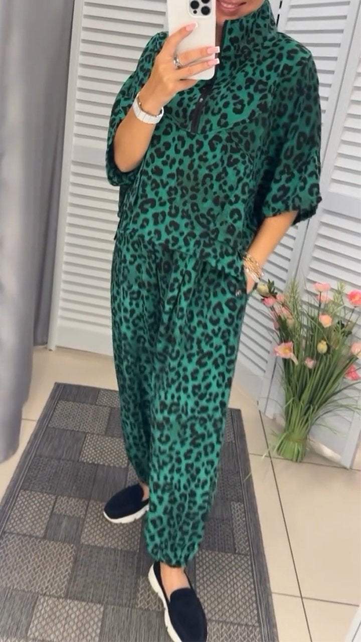 Women's Lapel Mmid-length Sleeve Leopard Print Casual Suit