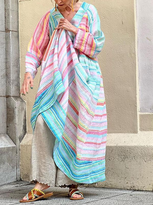 Women's V-neck Rainbow Striped Loose Dress