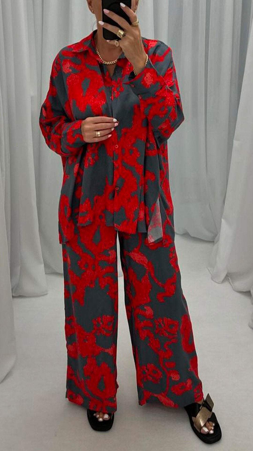 Women's Lapel Long-sleeved Printed Casual Suit