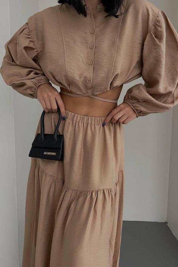 Casual Two-Pieces Outfits Solid Color Casual Top Loose Bootcut skirt Sets