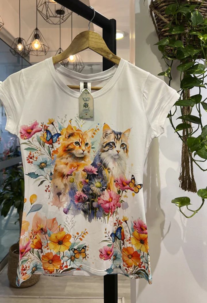 Round Neck Cat Print Short-sleeved T-shirt