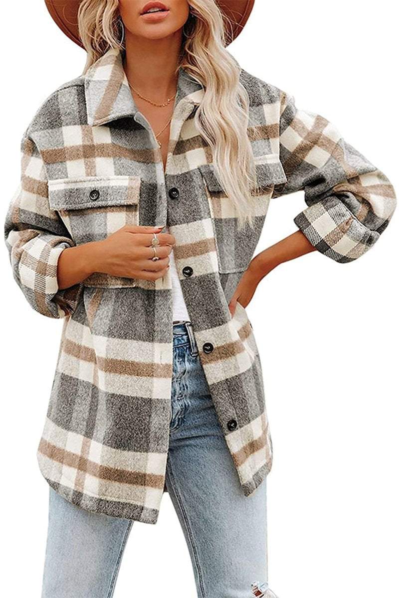 Women's Check Flannel Lapel Button Jacket