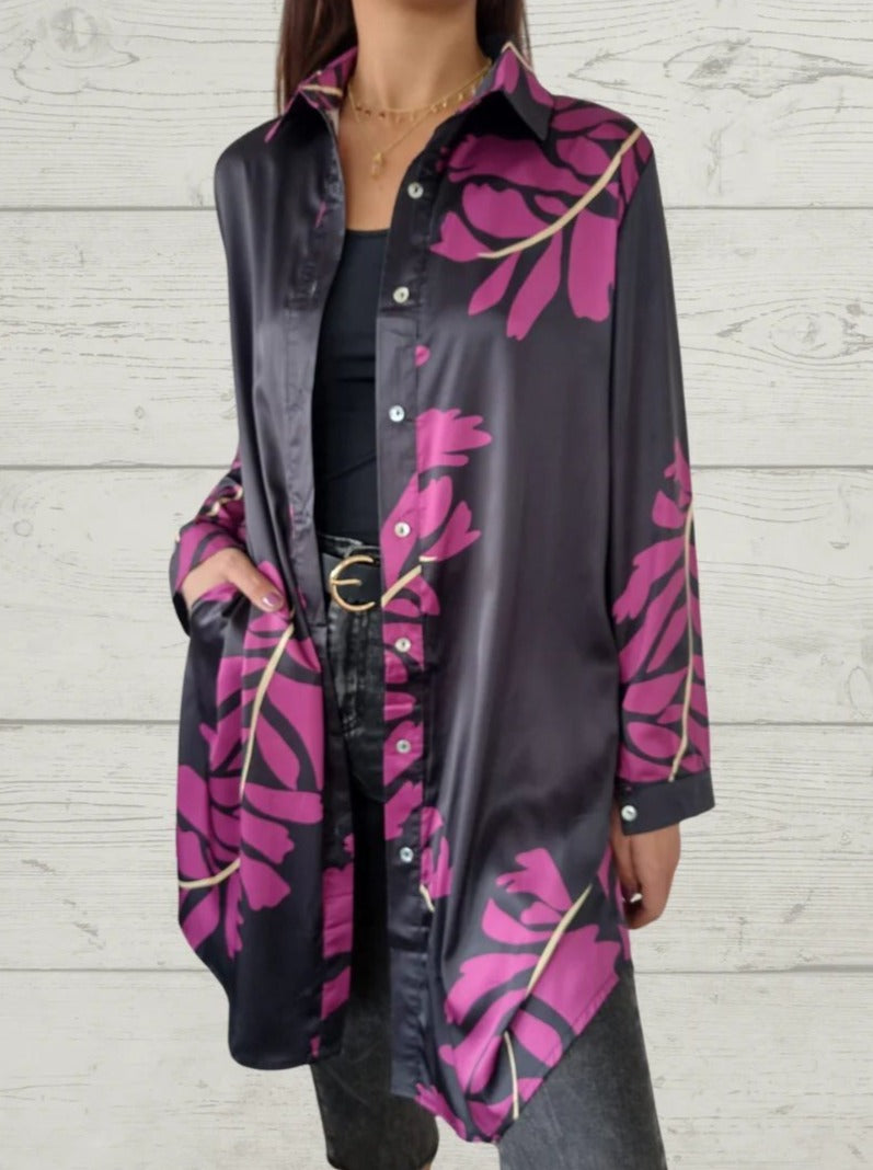 Casual Lapel Single-breasted Printed Long Shirt