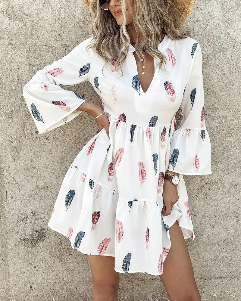 Women's Casual Feather Print Bell Sleeve Ruffles Dress