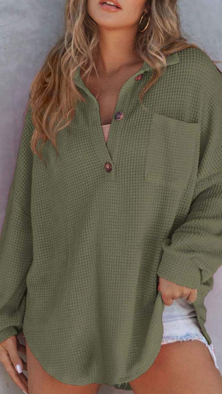 Women's Casual Solid Color Waffle Knit Top