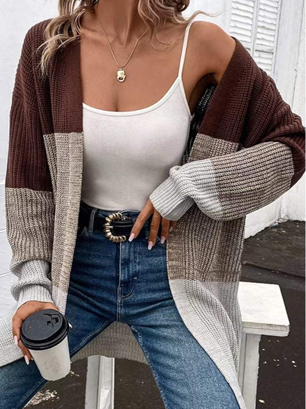 Women's Casual Contrast Color Mid-Length Knitted Cardigan